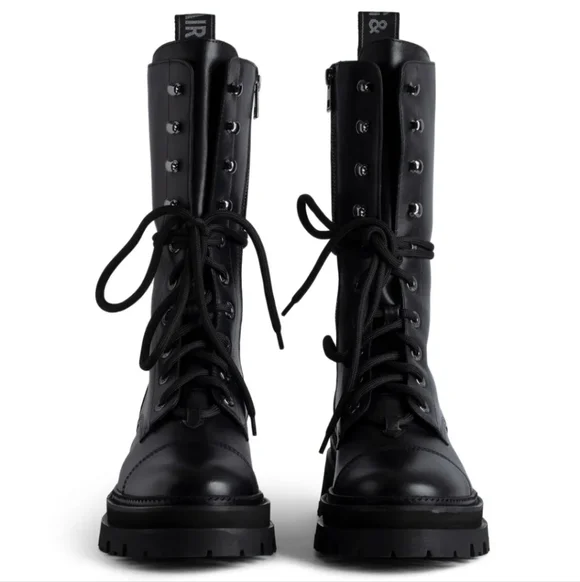 NEW $748 Zadig and Voltaire Ride Semy-Shiny Calfskin Black Leather Combat Boots - Picture 3 of 12